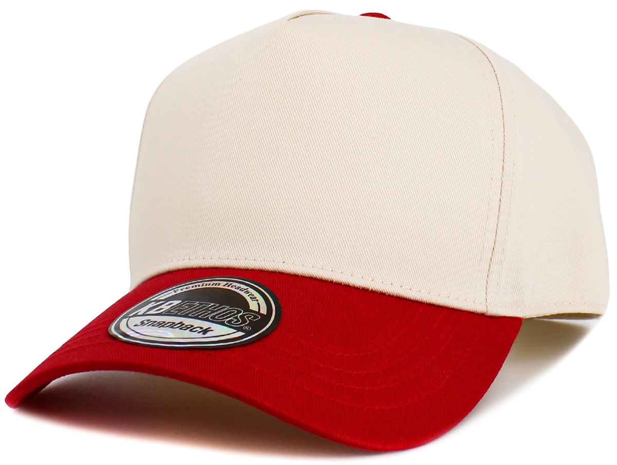 Natural Red Two Tone Baseball 5 Panel Cap Front Side View